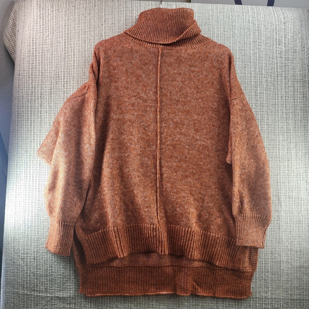 She + Sky Sweater Womens One Size Orange Turtleneck Tunic High Low Hem Oversized